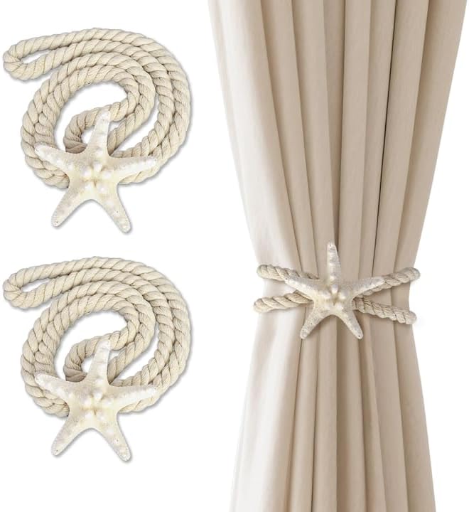 Xinally 2 Pcs Natural Starfish Curtain Tiebacks, Handmade Woven Rope Curtain Curtain Ties Blinds Accessories for Outdoor, Home, Office,Hotel, Living Room Curtain Decoration (Breadfish Starfish) - Image 1